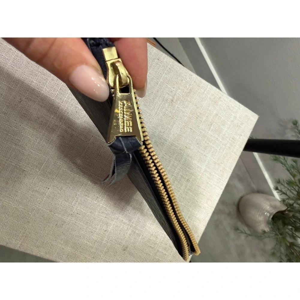 Aimee Kestenberg wallet pouch BENJAMINS embossed zipper tassel pull navy gold ec